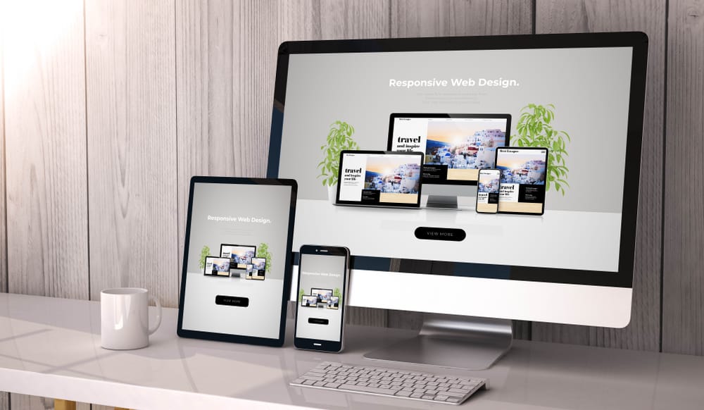 digital,generated,devices,on,desktop,,responsive,cool,website,design,on