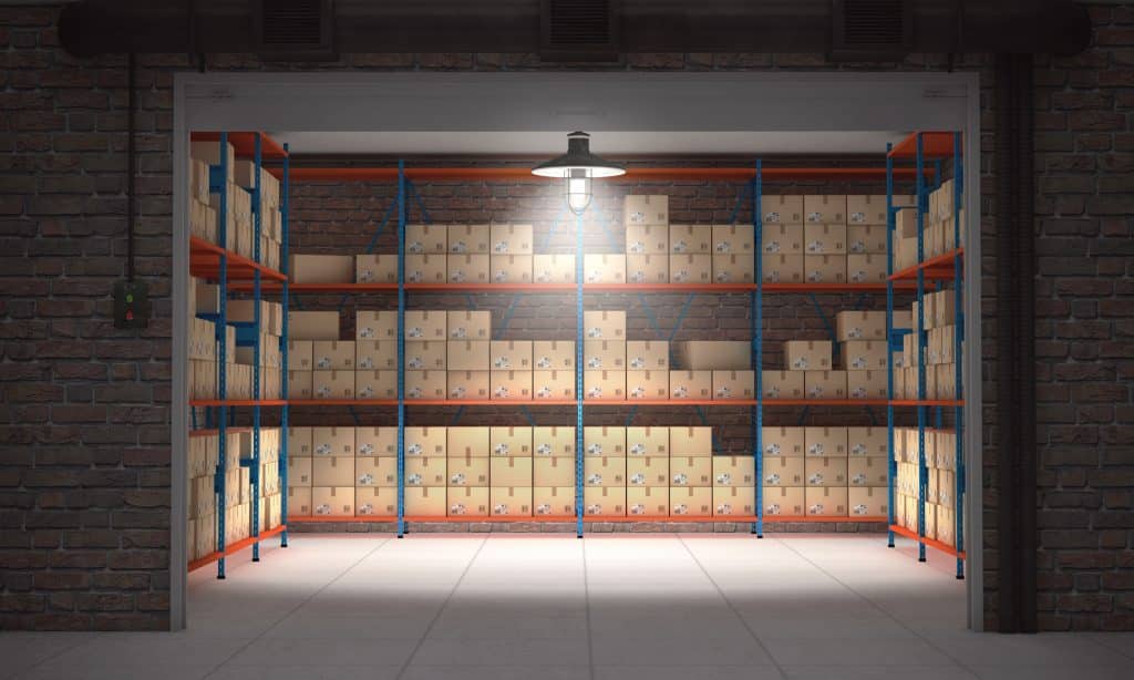 open,self,storage,unit,full,of,cardboard,boxes.,3d,rendering